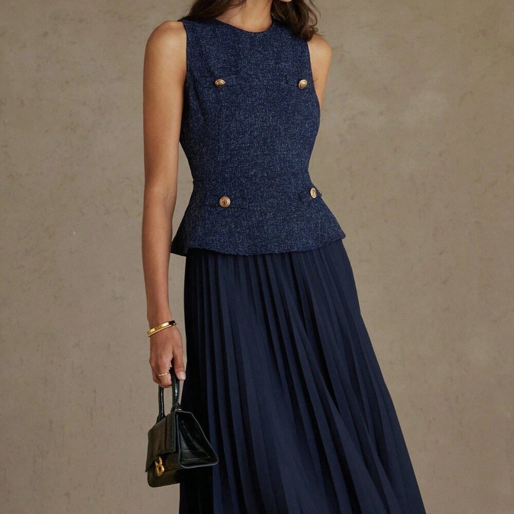 Navy Blue Elegant Women's Pleated Sleeveless Dress - Picture 4 of 7